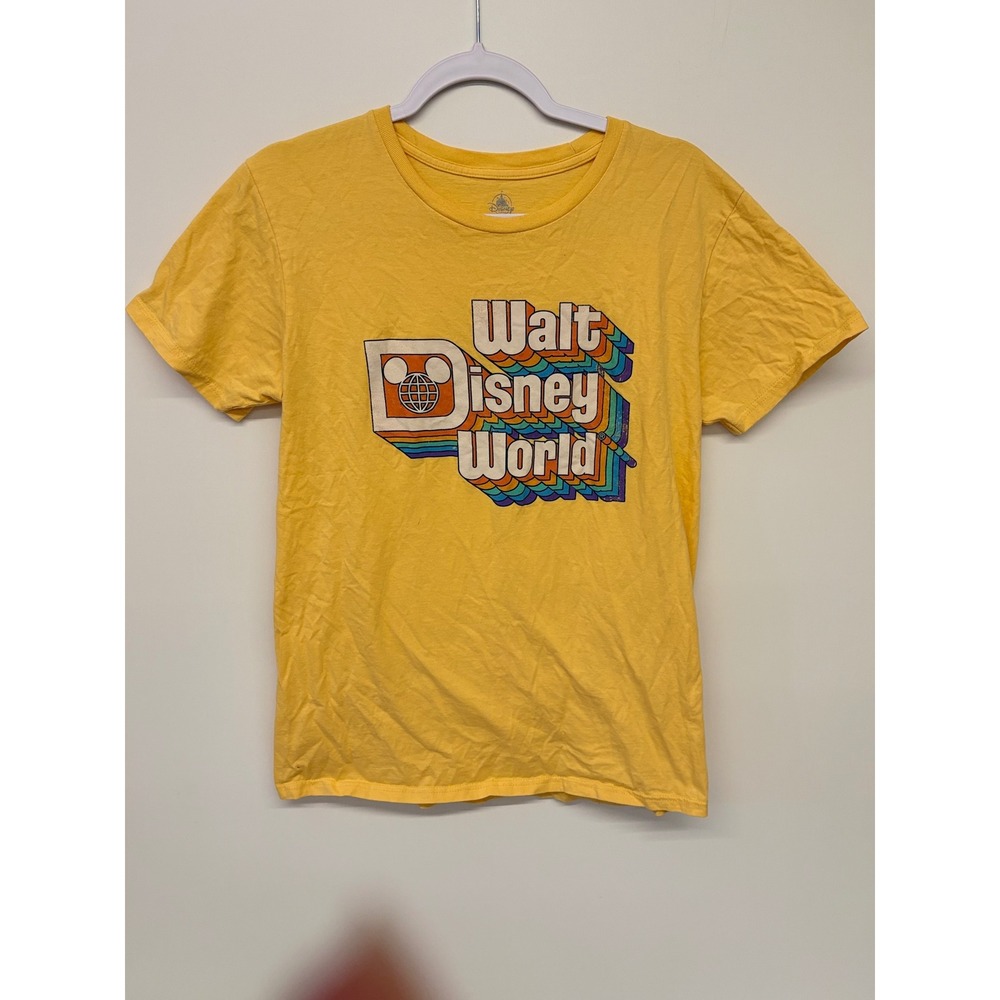 Retro 70s Style Graphic Tee Rainbow Logo Disney Parks Women Size M Yellow